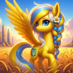 Size: 1024x1024 | Tagged: safe, ai content, derpibooru import, machine learning generated, prompter:pedro720k izzy oficial, oc, oc:ukraine, ponified, unofficial characters only, pegasus, pony, flower, flower in hair, food, image, jpeg, nation ponies, solo, ukraine, wheat