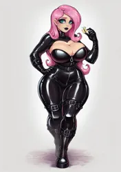 Size: 1440x2048 | Tagged: suggestive, ai content, derpibooru import, machine learning generated, stable diffusion, fluttershy, butterfly, human, insect, big breasts, bodysuit, boots, breasts, catsuit, clothes, curvy, female, fluttergoth, generator:pony diffusion v6 xl, goth, gothic, humanized, image, latex, latex suit, makeup, png, prompter:inky heart, rubber, rubber suit, shoes, solo, solo female, wide hips