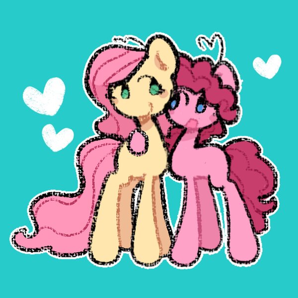 Size: 2048x2048 | Tagged: safe, artist:starrymysteryy, derpibooru import, fluttershy, pinkie pie, earth pony, pegasus, pony, blue background, duo, female, floating heart, g4, heart, image, jpeg, lesbian, mare, ship:flutterpie, shipping, simple background