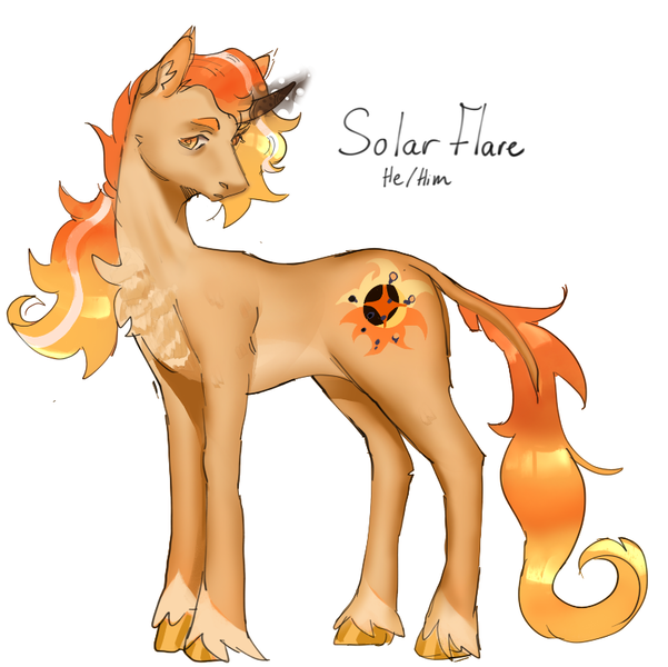 Size: 794x793 | Tagged: safe, artist:olivetoastt, derpibooru import, oc, oc:solar flare, unofficial characters only, pony, unicorn, chest fluff, curved horn, horn, image, magic, male, png, pronouns, simple background, solo, stallion, unshorn fetlocks, white background