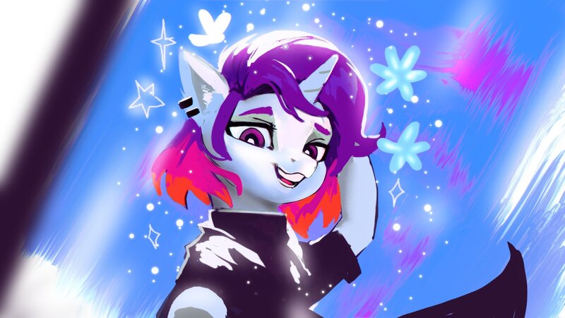 Size: 1920x1080 | Tagged: safe, artist:hierozaki, derpibooru import, oc, unofficial characters only, pony, unicorn, abstract background, clothes, ear piercing, earring, female, horn, image, jewelry, jpeg, mare, piercing, solo