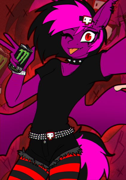 Size: 1992x2831 | Tagged: safe, artist:b(r)at, derpibooru import, oc, oc:violet valium, unofficial characters only, anthro, bat pony, anthro oc, bat pony oc, bat wings, chromatic aberration, clothes, collar, drink, ear piercing, energy drink, eyeliner, fangs, hairclip, hospital band, image, leggings, makeup, monster energy, one eye closed, peace sign, piercing, png, red eyes, scar, selfie, shirt, shorts, signature, solo, spiked collar, spread wings, studded belt, t-shirt, tail, tongue out, torn clothes, two toned mane, two toned tail, wings, wink