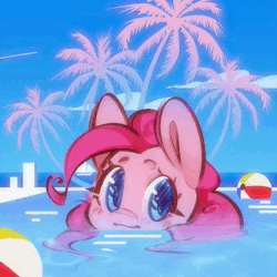 Size: 720x720 | Tagged: safe, artist:mirroredsea, derpibooru import, pinkie pie, earth pony, pony, animated, ball, female, g4, image, mare, music, ocean, palm tree, solo, swimming, swimming pool, tree, water, webm
