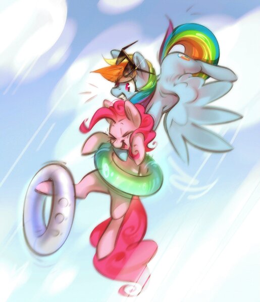 Size: 2300x2679 | Tagged: safe, artist:mirroredsea, derpibooru import, pinkie pie, rainbow dash, earth pony, pegasus, pony, duo, female, flying, g4, holding a pony, image, inner tube, jpeg, laughing, mare, pool toy, sunglasses