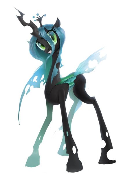 Size: 808x1063 | Tagged: safe, artist:vondsketch, derpibooru import, queen chrysalis, changeling, changeling queen, pony, female, image, jpeg, mare, simple background, slit pupils, smiling, solo, white background