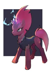Size: 635x852 | Tagged: safe, artist:vondsketch, derpibooru import, tempest shadow, pony, unicorn, abstract background, armor, broken horn, clothes, female, g4, horn, image, leotard, magic, mare, png, scar, solo