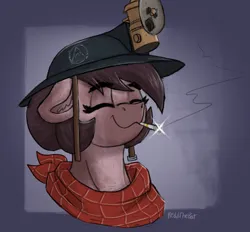 Size: 2346x2176 | Tagged: safe, artist:reddthebat, derpibooru import, oc, oc:number nine, unofficial characters only, earth pony, pony, bandana, bust, cigarette, eyebrows, eyebrows visible through hair, eyes closed, female, floppy ears, helmet, high res, image, jpeg, mare, mining helmet, signature, smiling, smoking, solo