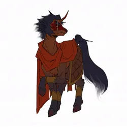 Size: 1019x1018 | Tagged: safe, artist:aaahhhmalpa, derpibooru import, ponified, pony, unicorn, alternate versions at source, armor, bangles, black mane, black tail, brown coat, cape, clothes, coat markings, colored ears, colored hooves, colored horn, curved horn, eye scar, facial markings, facial scar, fangs, frown, horn, image, jpeg, leg fluff, lego monkie kid, long tail, macaque, male, narrowed eyes, raised hoof, scar, short mane, simple background, socks (coat marking), solo, stallion, standing, sternocleidomastoid, tail, unicorn horn, white background, white eyes