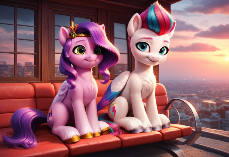 Size: 1216x832 | Tagged: safe, ai content, derpibooru import, generator:autismmixpony, machine learning generated, prompter:kluknawa235, stable diffusion, pipp petals, zipp storm, pegasus, g5, chest fluff, city, cityscape, cloud, cloudy, crown, ear fluff, image, jewelry, jpeg, looking at you, reflection, regalia, sitting, smiling, sun, sunset, window