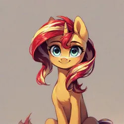 Size: 1024x1024 | Tagged: safe, ai content, derpibooru import, machine learning generated, stable diffusion, sunset shimmer, pony, unicorn, female, generator:pony diffusion v6 xl, horn, image, jpeg, looking at you, mare, simple background, sitting, smiling, solo