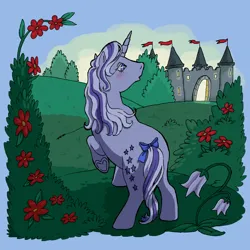 Size: 2048x2048 | Tagged: safe, artist:universalheart, derpibooru import, twilight (g1), pony, unicorn, g1, bush, butt, castle, female, flower, high res, horn, image, mare, plot, png, solo