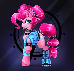 Size: 2577x2496 | Tagged: safe, artist:buvanybu, derpibooru import, pinkie pie, earth pony, pony, :p, alternate hairstyle, boots, bracelet, chest fluff, choker, clothes, ear piercing, eyeshadow, female, fetlock tuft, g4, high res, hock fluff, hoof boots, image, jacket, jewelry, makeup, mare, piercing, pigtails, png, punkie pie, raised hoof, shoes, signature, solo, spiked headband, spiked tail band, tail, tail band, tail wrap, three quarter view, tongue out