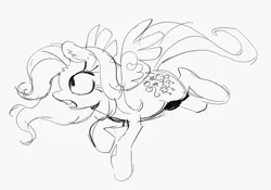 Size: 711x497 | Tagged: safe, artist:fryologyyy, derpibooru import, thistle whistle, pegasus, pony, g3, black and white, ear fluff, eyelashes, female, floppy ears, flying, grayscale, image, long mane, long tail, mare, monochrome, open mouth, png, profile, raised hoof, simple background, sketch, solo, tail, teeth, wavy mane, wavy tail, white background