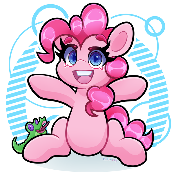 Size: 4000x4000 | Tagged: safe, artist:partypievt, derpibooru import, gummy, pinkie pie, earth pony, pony, arms in the air, eyebrows, high res, image, looking at you, png, simple background, sitting, smiling, smiling at you, solo, tongue out