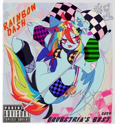 Size: 1096x1200 | Tagged: safe, artist:emoboy130, derpibooru import, rainbow dash, pegasus, pony, ahoge, alternate tail color, anatomically incorrect, bandaid, blue coat, checkered flag, clothes, colored pinnae, colored wings, ear fluff, ear piercing, earring, eye clipping through hair, female, fishnet clothing, flag, g4, hair accessory, hairclip, headphones, holding flag, image, in air, incorrect leg anatomy, industrial piercing, jewelry, jpeg, leg warmers, lip piercing, long mane, long tail, mane accessory, medals, multicolored hair, multicolored mane, multicolored tail, narrowed eyes, parental advisory, partially open wings, piercing, pink eyes, rainbow hair, rainbow tail, raised hoof, raised hooves, red text, shiny hooves, shiny mane, shiny tail, shrunken pupils, signature, snake bites, solo, tail, text, tongue out, tongue piercing, two toned wings, wall of tags, wings, zoom layer