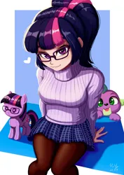 Size: 706x1000 | Tagged: safe, artist:the-park, derpibooru import, sci-twi, spike, spike the regular dog, twilight sparkle, dog, human, pony, equestria girls, clothes, duo, duo male and female, female, g4, heart, human coloration, image, male, plushie, png, pony plushie, sitting, sweater