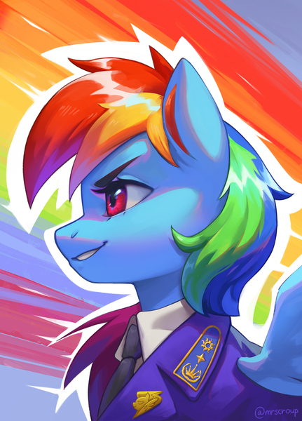 Size: 1684x2345 | Tagged: safe, artist:mrscroup, derpibooru import, rainbow dash, pegasus, pony, equestria at war mod, abstract background, bust, clothes, female, g4, image, jpeg, necktie, profile, side view, smiling, smirk, solo, uniform, wonderbolts dress uniform, wonderbolts uniform