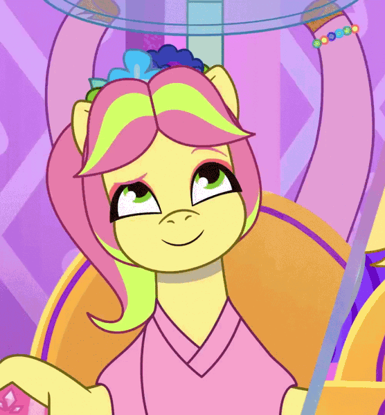 Size: 1000x1080 | Tagged: safe, derpibooru import, screencap, pipp petals, posey (g5), earth pony, pegasus, pony, g5, my little pony: tell your tale, spoiler:g5, spoiler:my little pony: tell your tale, spoiler:tyts01e55, animated, bridlewoodstock (tell your tale), cropped, dyed mane, eyes closed, female, fifi (g5), flower, flower in hair, gif, grin, hair dryer, hair styling, image, mane melody (location), mare, offscreen character, seizure warning, smiling, solo focus, stand dryer, starry eyes, wingding eyes