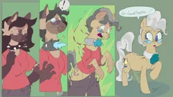 Size: 1280x720 | Tagged: safe, artist:rhythmicbeast, derpibooru import, mayor mare, oc, anthro, earth pony, hyena, pony, age progression, breasts, clothes, collar, comic, female, furry, furry oc, furry to pony, glasses, image, mare, older, png, spiked collar, transformation, transformation sequence, transforming clothes