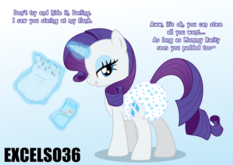 Size: 935x661 | Tagged: safe, artist:excelso36, derpibooru import, rarity, pony, bedroom eyes, diaper, diaper butt, diaper fetish, female, fetish, g4, image, looking back, mare, non-baby in diaper, png, poofy diaper, rear view, simple background, slender, solo, talking to viewer, thin