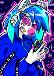 Size: 564x797 | Tagged: safe, artist:d0bledee, derpibooru import, vinyl scratch, human, equestria girls, bandaid, blue background, bubblegum, cat ears, clothes, eyebrows, eyebrows visible through hair, female, food, g4, gum, hairclip, headphones, heart, hoodie, horn, image, looking at you, mobile phone, music notes, phone, png, rainbow, simple background, smiley face, solo, sticker, vinyl's glasses