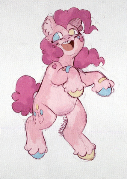 Size: 1447x2048 | Tagged: safe, artist:shyhandart, derpibooru import, pinkie pie, earth pony, pony, bandaid, cute, diapinkes, ear fluff, female, hooves, image, jpeg, male, mare, multicolored hooves, open mouth, open smile, signature, smiling, solo, straight, tooth gap, unshorn fetlocks