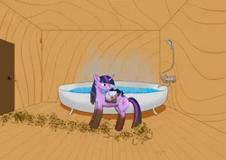 Size: 7016x4961 | Tagged: safe, artist:пшеница, derpibooru import, twilight sparkle, oc, oc:nyx, alicorn, pony, unicorn, fanfic:past sins, bag, bathroom, blood, covered in mud, derpibooru exclusive, duo, female, filly, foal, horn, image, looking back, mare, messy mane, png, saddle bag, sleeping, unicorn twilight