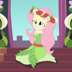 Size: 2000x2000 | Tagged: safe, artist:nie-martw-sie-o-mnie, derpibooru import, part of a set, fluttershy, equestria girls, magical mystery cure, arm behind back, bare shoulders, cloth gag, clothes, coronation dress, dress, female, femsub, fluttersub, g4, gag, image, kneeling, png, solo, solo female, stairs, submissive