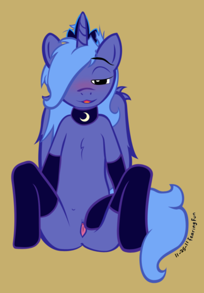 Size: 486x700 | Tagged: source needed, explicit, artist:fearingfun, princess luna, anatomically incorrect, bedroom eyes, blushing, breasts, chest fluff, choker, clitoris, clothes, delicious flat chest, female, image, incorrect leg anatomy, lidded eyes, looking at you, lunaughty, nipples, nudity, png, s1 luna, sitting, smiling, socks, solo, solo female, spreading, stockings, thigh highs, underage, vagina, vulva, younger