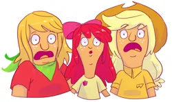 Size: 1280x757 | Tagged: safe, artist:stevetwisp, derpibooru import, apple bloom, applejack, big macintosh, human, apple siblings, apple sisters, bob's burgers, brother and sister, clothes, colored, crossover, female, freckles, gene belcher, image, looking at you, louise belcher, male, open mouth, png, shirt, siblings, simple background, sisters, tina belcher, white background