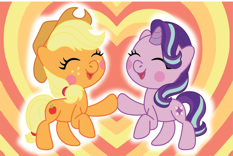 Size: 2940x1972 | Tagged: safe, artist:prixy05, derpibooru import, applejack, starlight glimmer, earth pony, pony, unicorn, applejack's hat, cowboy hat, duo, duo female, eyes closed, female, g4, glimmerjack, hat, heart, heart background, horn, image, lesbian, png, shipping