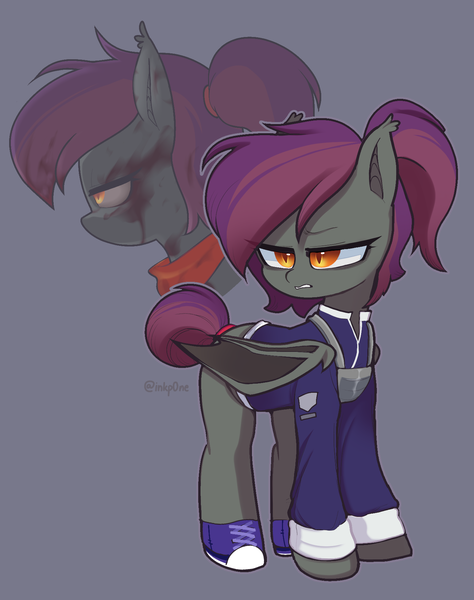 Size: 1449x1833 | Tagged: safe, artist:inkp0ne, derpibooru import, oc, oc:anneal, unofficial characters only, bat pony, clothes, female, image, png, ponytail, scarf, shoes, uniform