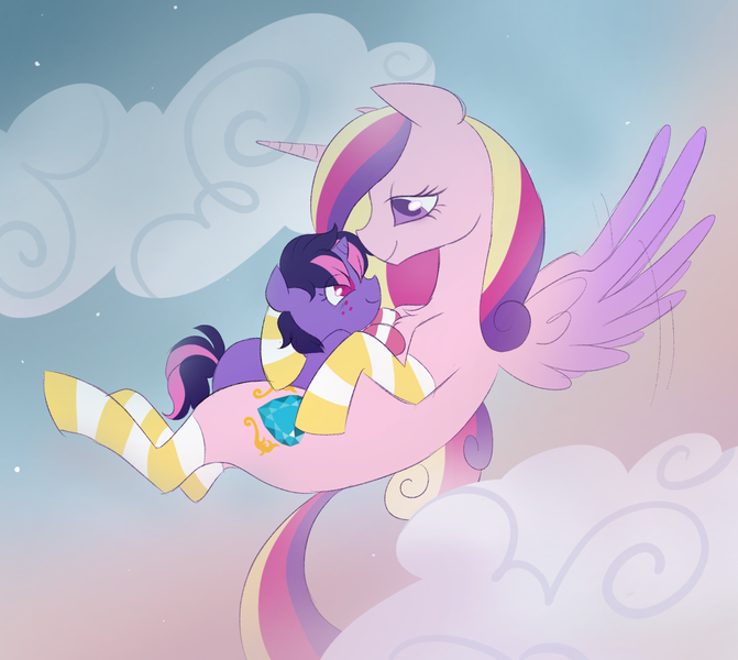 Size: 1372x1227 | Tagged: safe, artist:sparjechkaa, derpibooru import, princess cadance, pony, clothes, cloud, commission, cute, female, filly, foal, image, png, sky, socks, ych result