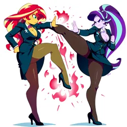 Size: 1024x1024 | Tagged: suggestive, ai content, derpibooru import, machine learning generated, novelai, stable diffusion, starlight glimmer, sunset shimmer, human, equestria girls, clothes, fight, g4, high heels, image, kick, martial arts, pantyhose, png, shoes, sunset vs starlight