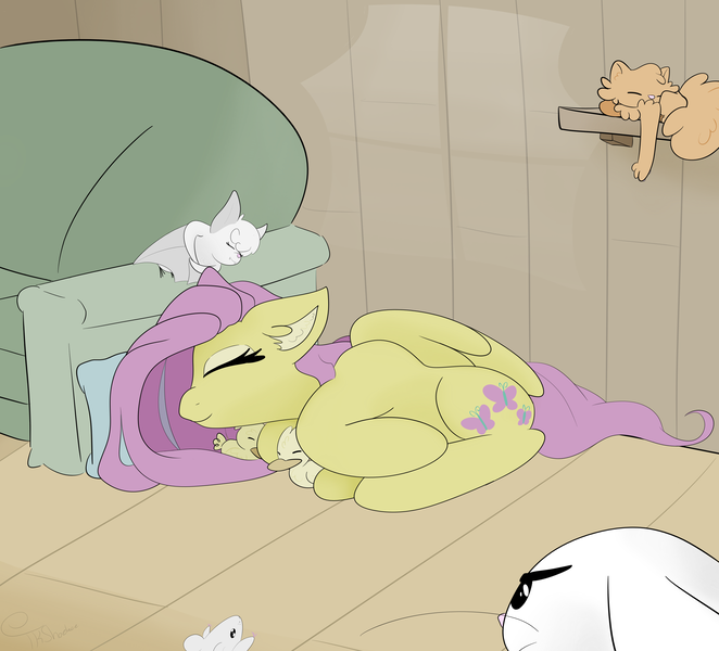 Size: 8044x7292 | Tagged: safe, artist:tkshoelace, derpibooru import, angel bunny, fluttershy, bat, bird, cat, duck, mouse, pegasus, pony, g4, image, png, sleeping