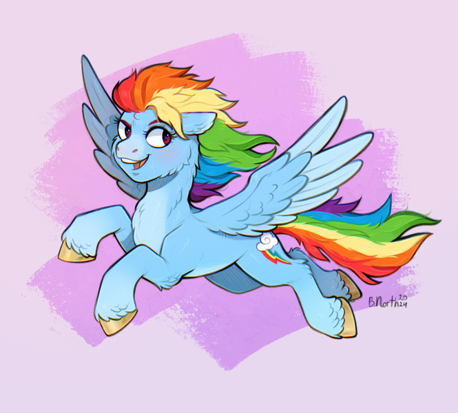 Size: 2055x1853 | Tagged: safe, artist:birdoffnorth, derpibooru import, rainbow dash, pegasus, pony, colored hooves, colored wings, countershading, floppy ears, fluffy, flying, image, looking back, open mouth, open smile, png, smiling, solo, spread wings, two toned wings, wings