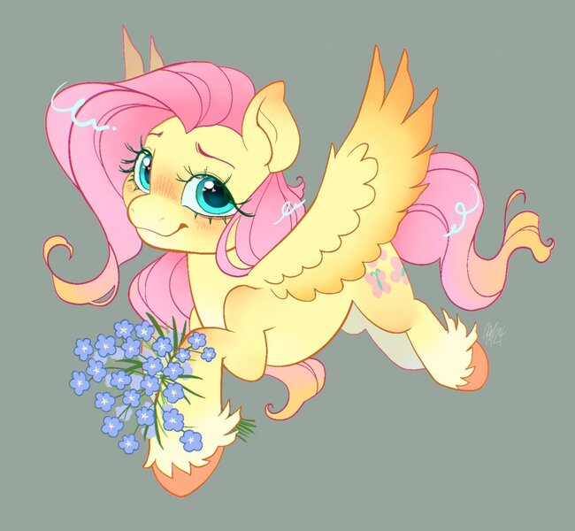 Size: 1024x945 | Tagged: safe, artist:catmintyt, derpibooru import, fluttershy, pegasus, pony, flower, flying, forget-me-not (flower), gray background, image, jpeg, simple background, smiling, solo, unshorn fetlocks