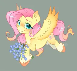 Size: 1024x945 | Tagged: safe, artist:catmintyt, derpibooru import, fluttershy, pegasus, pony, flower, flying, forget-me-not (flower), gray background, image, jpeg, simple background, smiling, solo, unshorn fetlocks