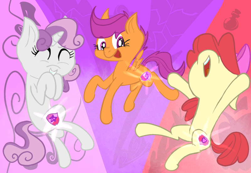 Size: 1280x882 | Tagged: safe, artist:kiwiplur, derpibooru import, apple bloom, scootaloo, sweetie belle, earth pony, pegasus, pony, unicorn, crusaders of the lost mark, abstract background, cutie mark crusaders, eyes closed, female, filly, foal, g4, grin, horn, image, open mouth, png, smiling