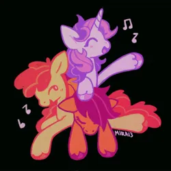 Size: 2048x2048 | Tagged: safe, artist:mira13mura, derpibooru import, apple bloom, scootaloo, sweetie belle, earth pony, pegasus, pony, unicorn, black background, cutie mark crusaders, female, filly, foal, horn, image, jpeg, music notes, simple background