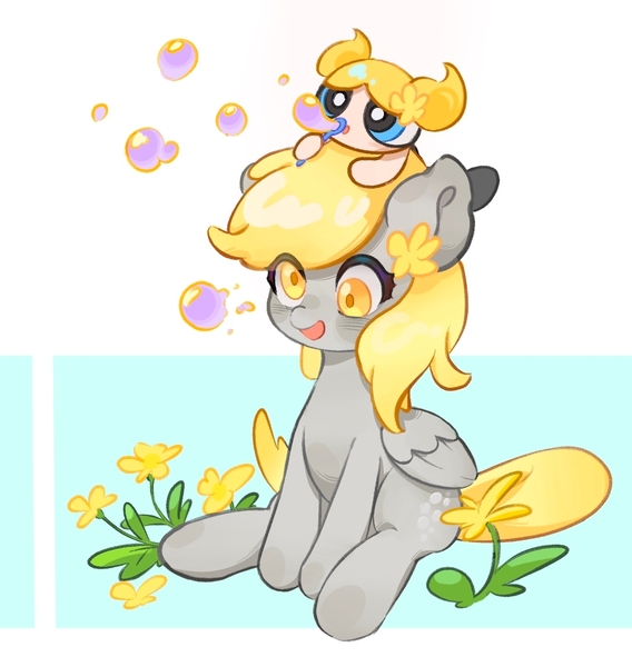 Size: 1253x1323 | Tagged: safe, artist:chonpsk, derpibooru import, derpy hooves, pegasus, pony, :o, abstract background, blowing bubbles, bubble, bubbles (powerpuff girls), crossover, female, flower, flower on ear, image, jpeg, mare, open mouth, smiling, soap bubble, the powerpuff girls