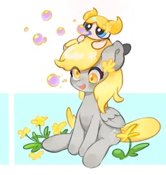 Size: 1253x1323 | Tagged: safe, artist:chonpsk, derpibooru import, derpy hooves, pegasus, pony, :o, abstract background, blowing bubbles, bubble, bubbles (powerpuff girls), crossover, female, flower, flower on ear, image, jpeg, mare, open mouth, smiling, soap bubble, the powerpuff girls