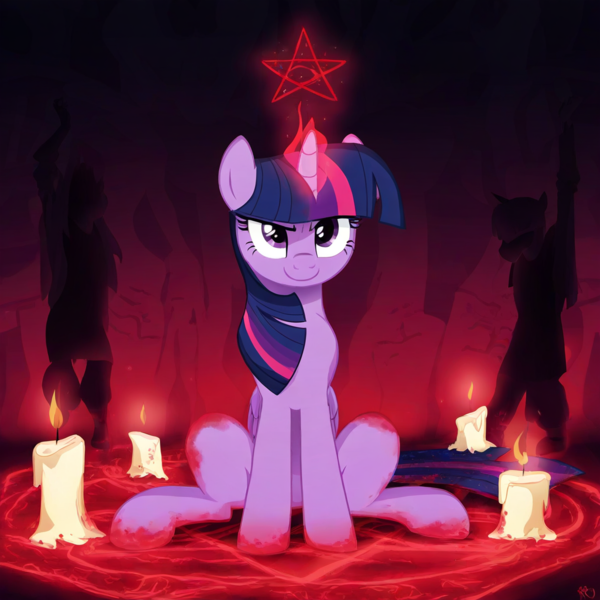 Size: 1024x1024 | Tagged: safe, ai content, derpibooru import, machine learning generated, twilight sparkle, alicorn, candle, image, pentagram, png, satanism