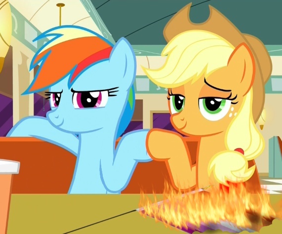 Size: 571x474 | Tagged: semi-grimdark, derpibooru import, edit, edited screencap, screencap, applejack, rainbow dash, earth pony, pegasus, pony, burning, duo, fire, g4, hoofbump, image, jpeg, lesbian pride flag, lidded eyes, pride, pride flag, sitting, smiling, smirk