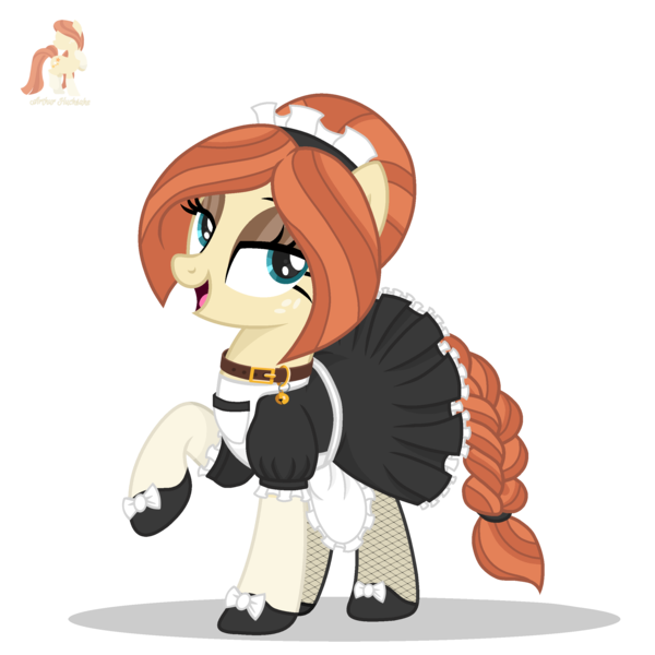 Size: 2500x2500 | Tagged: safe, alternate version, artist:r4hucksake, derpibooru import, oc, oc:frazzle, unofficial characters only, earth pony, pony, apron, base used, bedroom eyes, bell, bell collar, bow, clothes, collar, eyeshadow, fishnet clothing, fishnets, freckles, image, lidded eyes, maid, makeup, png, shoes, simple background, socks, solo, stockings, thigh highs, transparent background