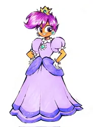 Size: 878x1200 | Tagged: safe, artist:liaaqila, derpibooru import, scootaloo, human, equestria girls, clothes, crown, cute, cutealoo, dress, ear piercing, earring, female, g4, gloves, gown, grin, hand on hip, image, jewelry, jpeg, piercing, poofy shoulders, princess daisy, princess scootaloo, regalia, smiling, solo, solo female, super mario bros.
