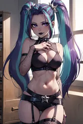 Size: 1024x1536 | Tagged: suggestive, ai content, derpibooru import, editor:sammykun, machine learning generated, aria blaze, human, belly button, belt, breasts, busty aria blaze, choker, cleavage, clothes, detached sleeves, female, fishnet clothing, fishnets, g4, garter belt, generator:yodayo, goth, humanized, image, indoors, jpeg, lingerie, lipstick, long hair, midriff, pantyhose, piercing, prompter:sammykun, shirt, short shirt, skirt, sleeveless, sleeveless shirt, smiling, socks, stockings, stupid sexy aria blaze, thigh highs
