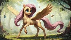 Size: 1920x1088 | Tagged: safe, ai content, derpibooru import, generator:autismmixconfetti, machine learning generated, prompter:truekry, stable diffusion, fluttershy, butterfly, insect, pegasus, pony, cute, fit, full body, g4, image, muscles, outdoors, png, shyabetes, slender, smiling, solo, spread wings, thin, wallpaper, wings