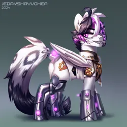 Size: 3000x3000 | Tagged: safe, artist:jedayskayvoker, derpibooru import, oc, oc:astral blade, cyborg, cyborg pony, hybrid, pony, amputee, clothes, commission, fangs, folded wings, gold, gradient background, gritted teeth, hybrid oc, image, lineless, long tail, looking back, male, png, prosthetic eye, prosthetic leg, prosthetic limb, prosthetics, solo, stallion, suit, tail, teeth, wings