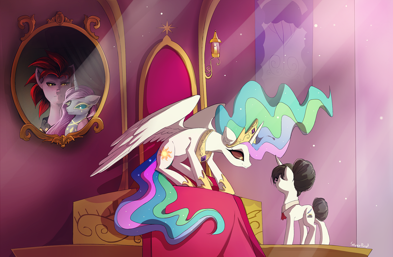 Size: 1900x1240 | Tagged: safe, artist:skyeypony, derpibooru import, princess celestia, raven, oc, ponified, alicorn, earth pony, pony, unicorn, elden ring, fanfic art, horn, image, png, radahn, unicorn oc